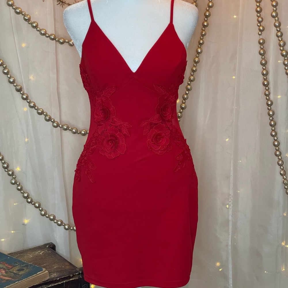 Windsor Red Bodycon Mini Dress with Rose Appliqué